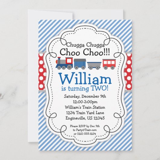 Train Engine, Baby Blue Stripes Red Polka Dots Kaart (Voorkant)