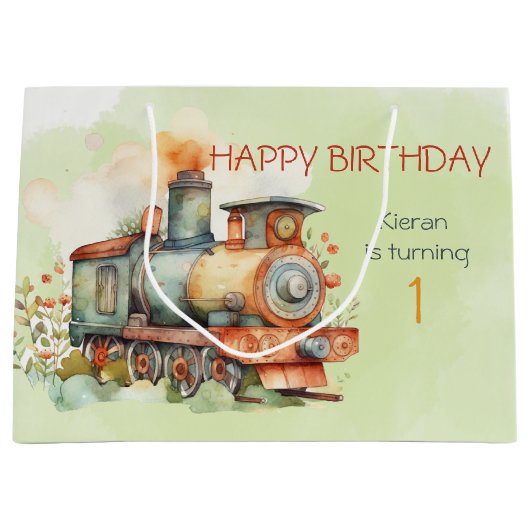 Train Engine Boy 1st. Birthday Groot Cadeauzakje (Voorkant)