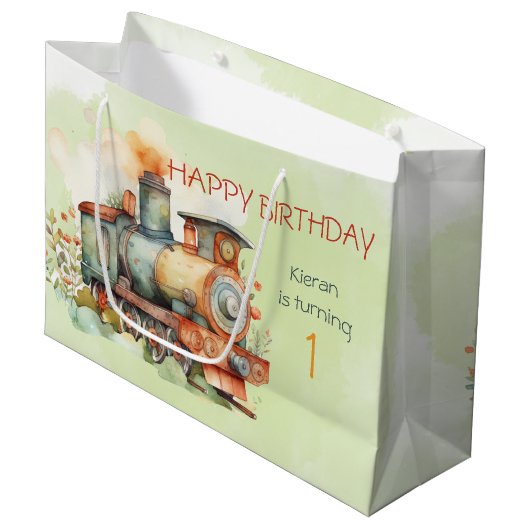 Train Engine Boy 1st. Birthday Groot Cadeauzakje (Voorkant Gekanteld)