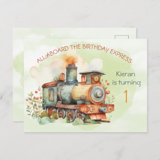 Train Engine Boy 1st. Birthday Invitation briefkaa Uitnodiging Briefkaart (Voorkant / Achterkant)