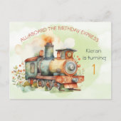 Train Engine Boy 1st. Birthday Invitation briefkaa Uitnodiging Briefkaart (Voorkant)