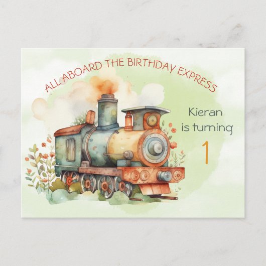 Train Engine Boy 1st. Birthday Invitation briefkaa Uitnodiging Briefkaart (Voorkant)
