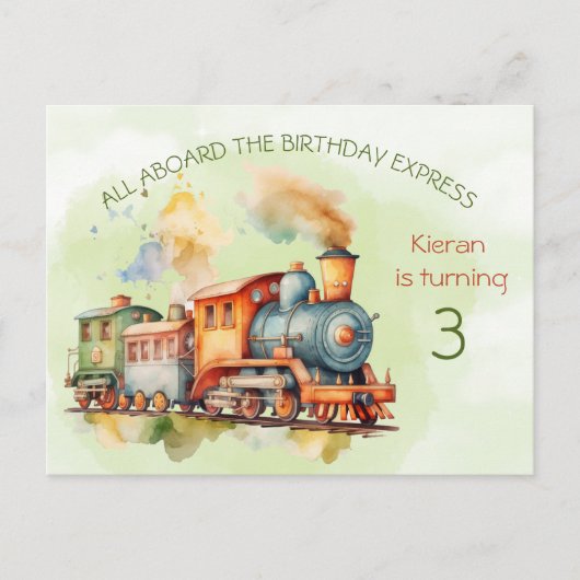 Train Engine Boy 3rd. Birthday Invitation briefkaa Uitnodiging Briefkaart (Voorkant)