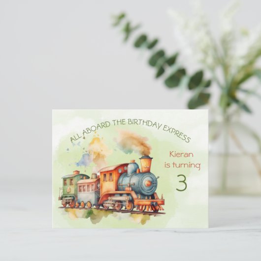 Train Engine Boy 3rd. Birthday Invitation briefkaa Uitnodiging Briefkaart (Staand voorkant)
