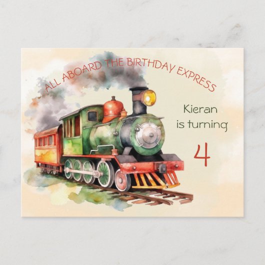 Train Engine Boy 4th Birthday Invitation briefkaar Uitnodiging Briefkaart (Voorkant)