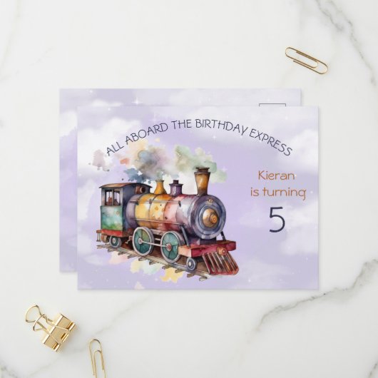 Train Engine Boy 5th Birthday Invitation briefkaar Uitnodiging Briefkaart (Voorkant / Achterkant in situ)