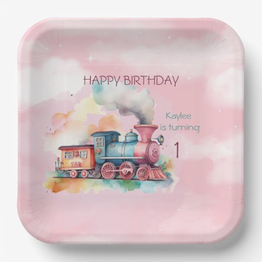 Train Engine Girl 1ste verjaardag Papieren Bordje (Voorkant)