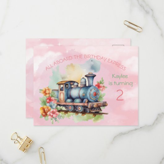 Train Engine Girl 2e verjaardag briefkaart (Voorkant / Achterkant in situ)