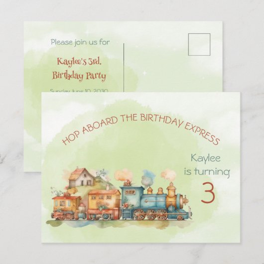 Train Engine Girl 3rd Birthday Invitation briefkaa Uitnodiging Briefkaart (Voorkant / Achterkant)