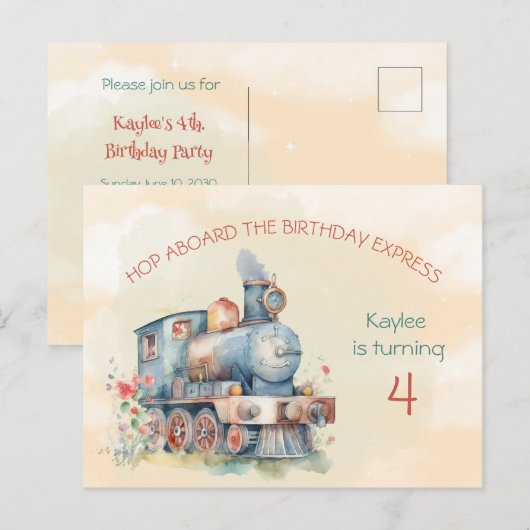 Train Engine Girl 4th Birthday Invitation briefkaa Uitnodiging Briefkaart (Voorkant / Achterkant)