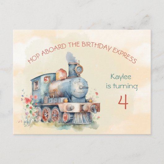 Train Engine Girl 4th Birthday Invitation briefkaa Uitnodiging Briefkaart (Voorkant)