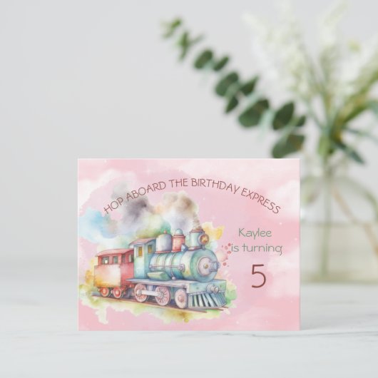 Train Engine Girl 5th Birthday Uitnodiging (Staand voorkant)