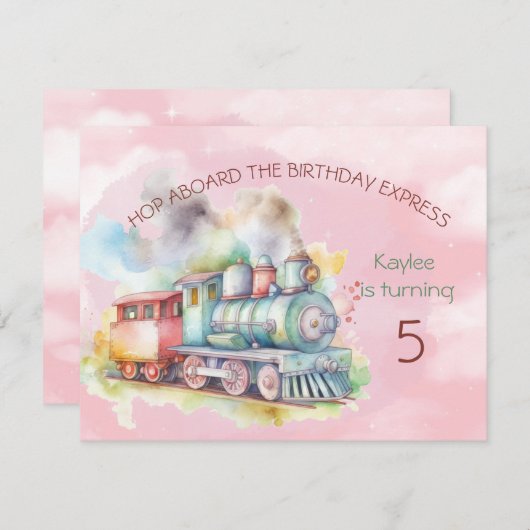 Train Engine Girl 5th Birthday Uitnodiging (Voorkant / Achterkant)