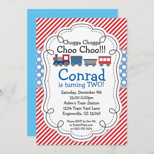 Train Engine, Red Stripes Baby Blue Polka Dot Kaart (Voorkant / Achterkant)