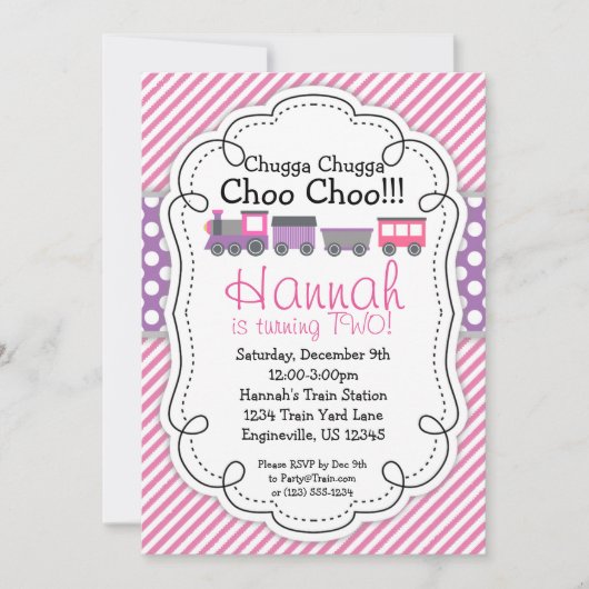 Train Engine Roze Stripe Paarse Polka Dot Birthday Kaart (Voorkant)