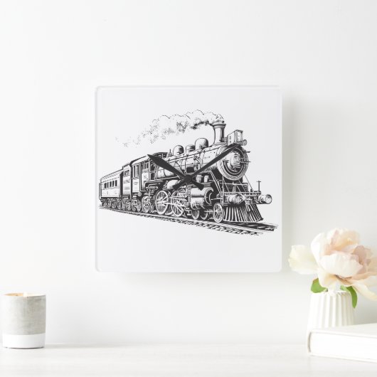Train  Grafisch Ontwerp Schets Retro Stoom Vierkante Klok (Huis)