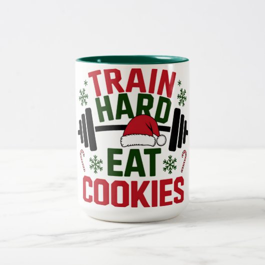 Train Hard Eat Cookies Funny Christmas Gym Mug Tweekleurige Koffiemok (Center)
