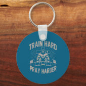 Train Hard Gebed Harder Funny Christelijke Workout Sleutelhanger (Voorkant)