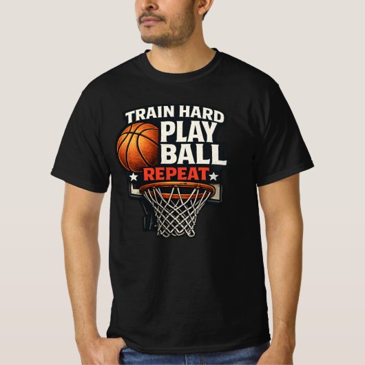 Train Hard Play Ball Repeat Basketball T-Shirt | S (Voorkant)