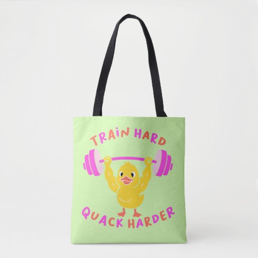 Train Hard Quack Harder Funny Duck Weightlifting Tote Bag (Voorkant)