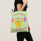 Train Hard Quack Harder Funny Duck Weightlifting Tote Bag (Dichtbij)