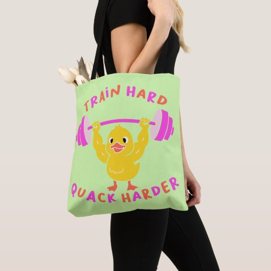 Train Hard Quack Harder Funny Duck Weightlifting Tote Bag (Dichtbij)