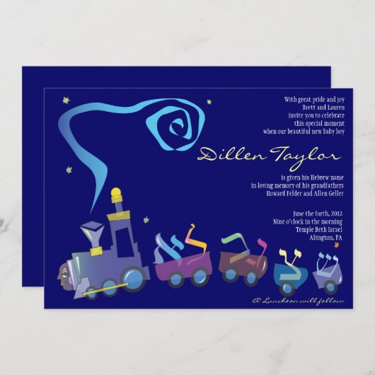 Train joodse Baby Noeming nodigitation Hebrew Boy Kaart (Voorkant / Achterkant)