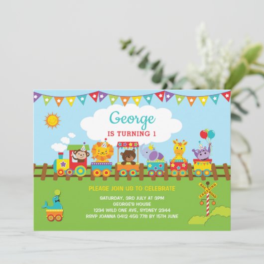 Train Oerwoud Animals 1e verjaardag Safari Wild On Kaart (Staand voorkant)