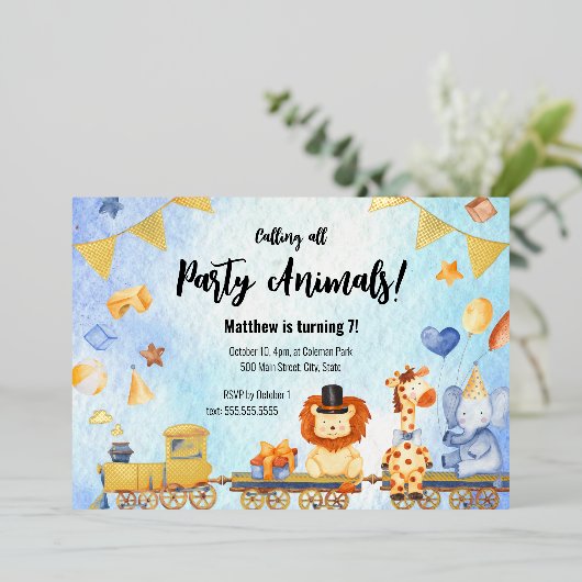 Train Party Animals Kind Oerwoud Birthday Party Go Folie Uitnodiging (Staand Voorkant)