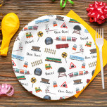 Train Pattern Boy Name Choo Choo Kids Birthday Papieren Bordje<br><div class="desc">Voeg een schattig treinthema toe aan het verjaardagsfeest of baby shower van je kind met dit schattige bord van aangepast treinpatroonpapier. Bord heeft treinen, treinsporen, spoorborden en poorten. Voeg de voornaam van uw kleine kind toe voor een persoonlijke aanraking. De tekst Choo Choo is ook bewerkbaar. Dit papieren bord maakt...</div>