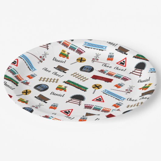 Train Pattern Boy Name Choo Choo Kids Birthday Papieren Bordje (Gekanteld)