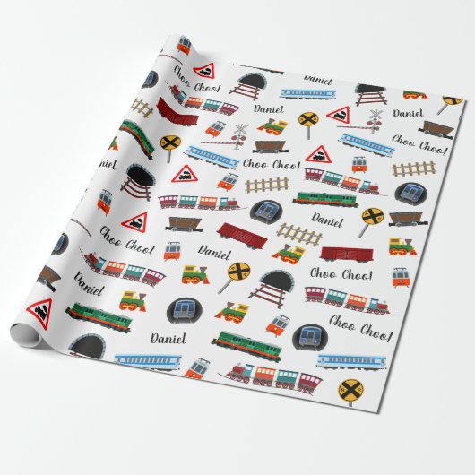 Train Pattern Little Boy First Name Choo Kinder Cadeaupapier (Uitgerold)