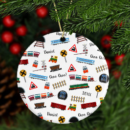 Train Pattern Little Boy First Name Keramisch Ornament