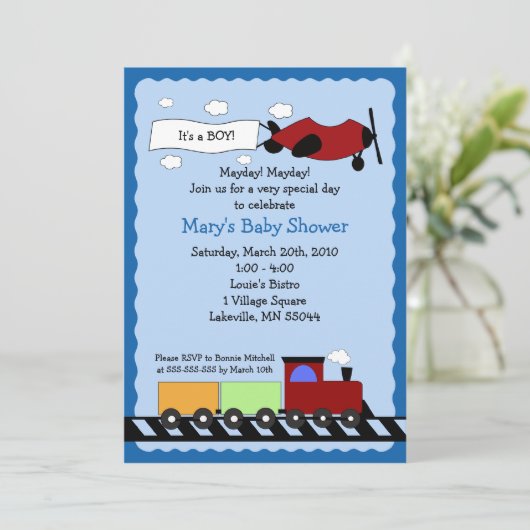 Train & Plane, 5x7 baby shower-uitnodiging Kaart (Staand voorkant)