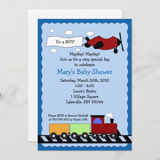 Train & Plane, 5x7 baby shower-uitnodiging Kaart (Voorkant / Achterkant)