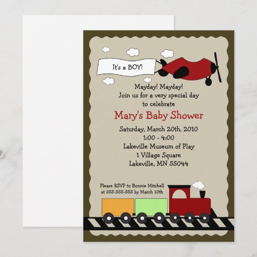 Train & Plane, 5x7 Baby shower-uitnodiging Kaart (Voorkant / Achterkant)