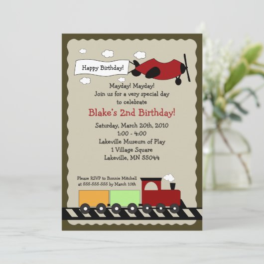 Train & Plane, vijfmaal7, verjaardagsdaguitnodigin Kaart (Staand voorkant)