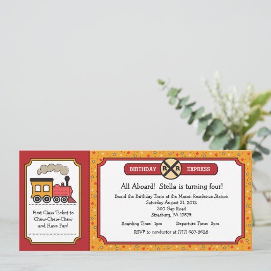 Train Ticket Invite - Geel en rood Kaart (Staand voorkant)