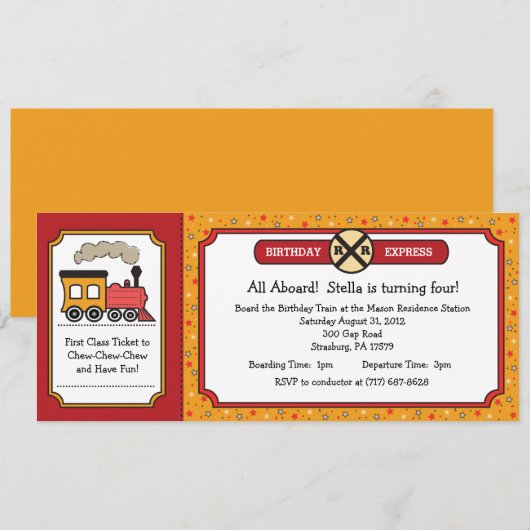 Train Ticket Invite - Geel en rood Kaart (Voorkant / Achterkant)