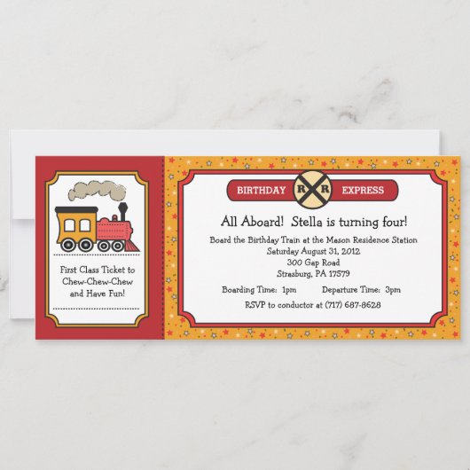 Train Ticket Invite - Geel en rood Kaart (Voorkant)