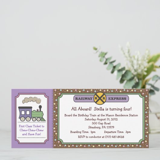 Train Ticket Invite - Paars & bruin Kaart (Staand voorkant)