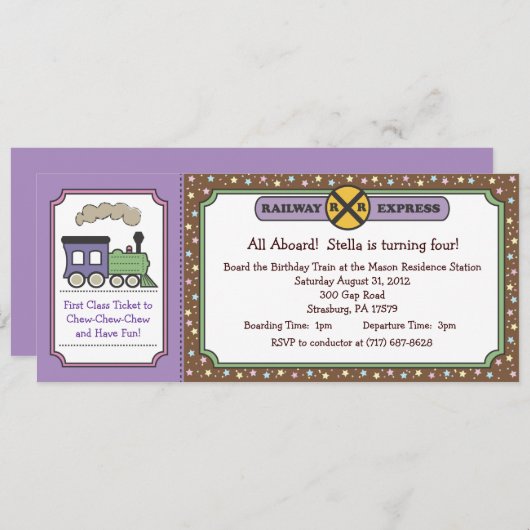 Train Ticket Invite - Paars & bruin Kaart (Voorkant / Achterkant)