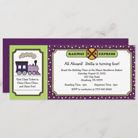 Train Ticket Invite - Paars en groen Kaart (Voorkant / Achterkant)