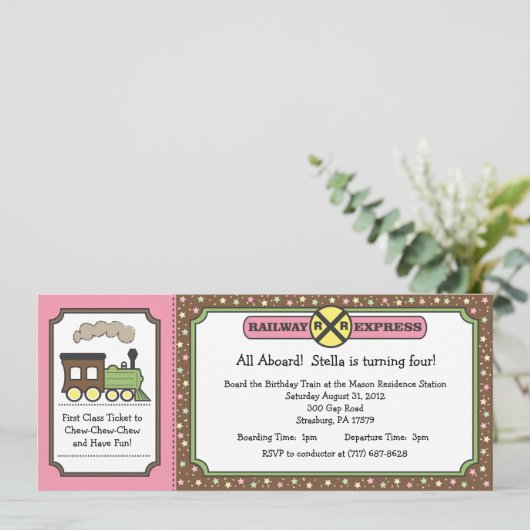 Train Ticket Invite - Roze & bruin Kaart (Staand voorkant)