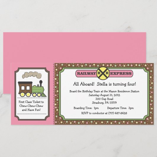 Train Ticket Invite - Roze & bruin Kaart (Voorkant / Achterkant)