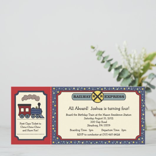 Train Ticket Invite - Rustic Red & Blue 2 Kaart (Staand voorkant)