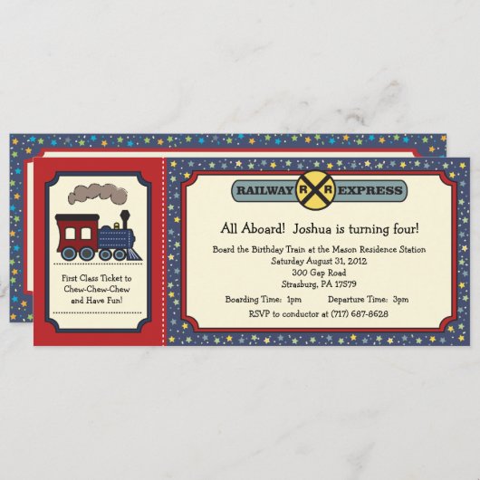 Train Ticket Invite - Rustic Red & Blue 2 Kaart (Voorkant / Achterkant)