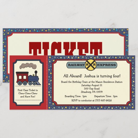 Train Ticket Invite - Rustic Red & Blue 2 Kaart (Voorkant / Achterkant)