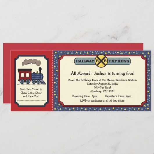 Train Ticket Invite - Rustisch Rood & Blauw Kaart (Voorkant / Achterkant)