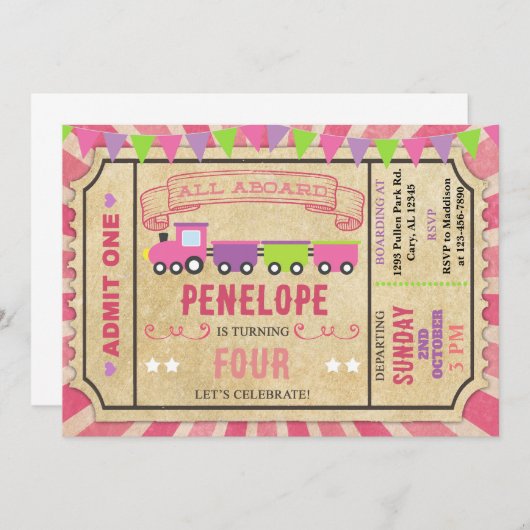 Train ticket meisje verjaardagsuitnodiging. kaart (Voorkant / Achterkant)